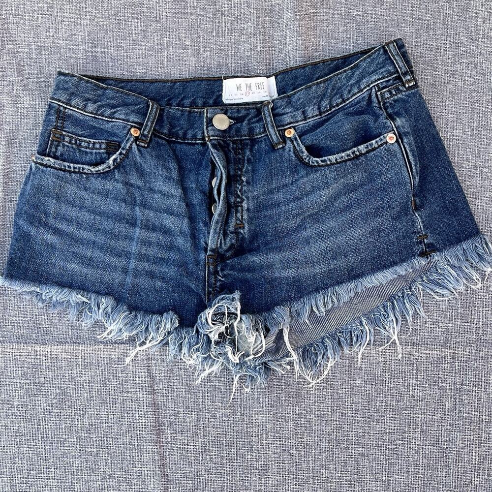 We The Free Denim Shorts Womens 27 Blue Distressed Cut Off Button Fly Frayed